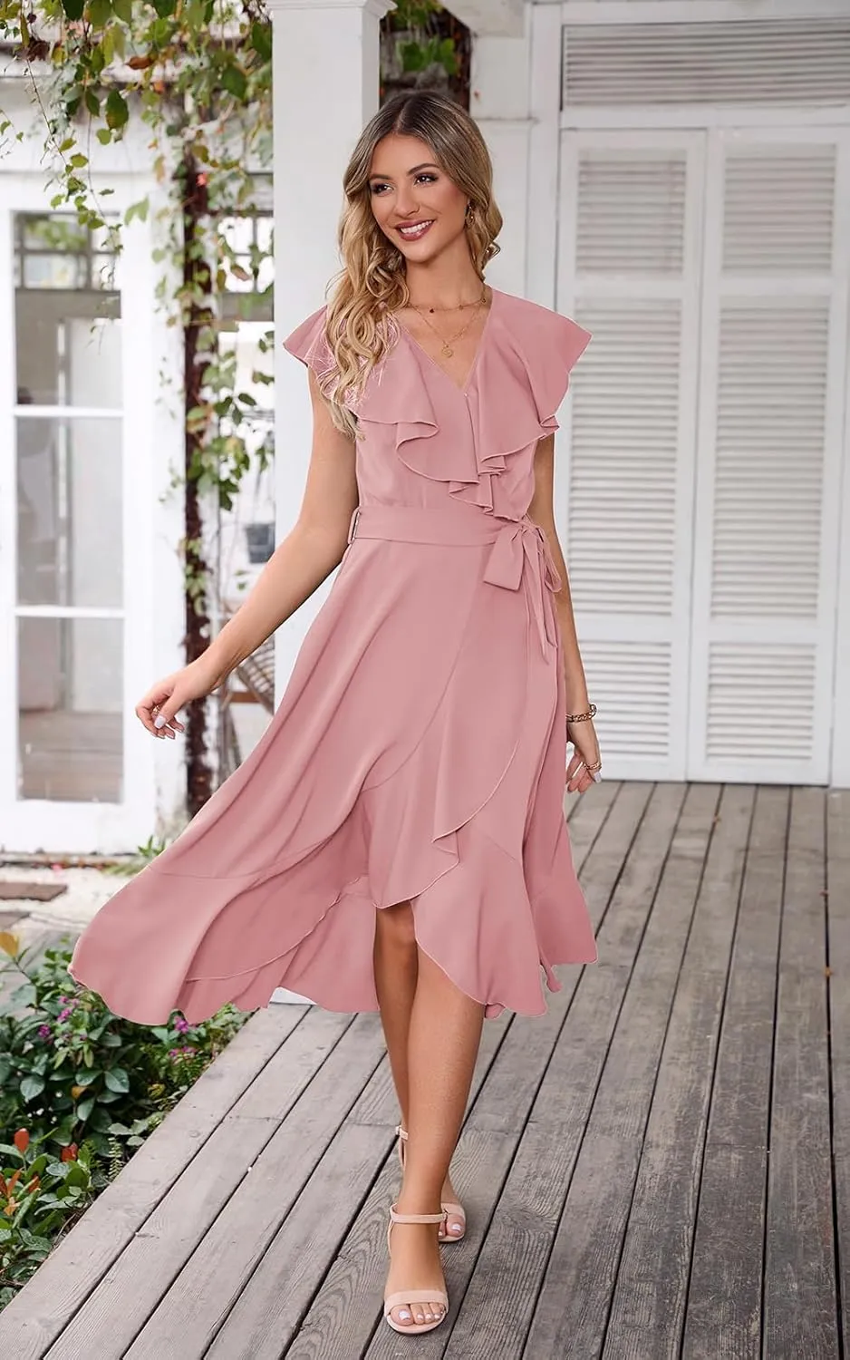 RETTYGARDEN Women's 2025 Summer Cross Midi Dress Casual Boho Deep V Neck Short Sleeve Ruffle Hem Split Beach Long Dresses