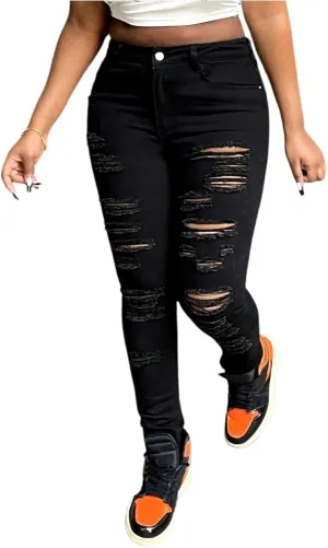 Ripped Jeans Womens Skinny Summer Sexy Plus Size Skinny Stretchy High Waisted Denim Casual Cropped Jeans with Pockets