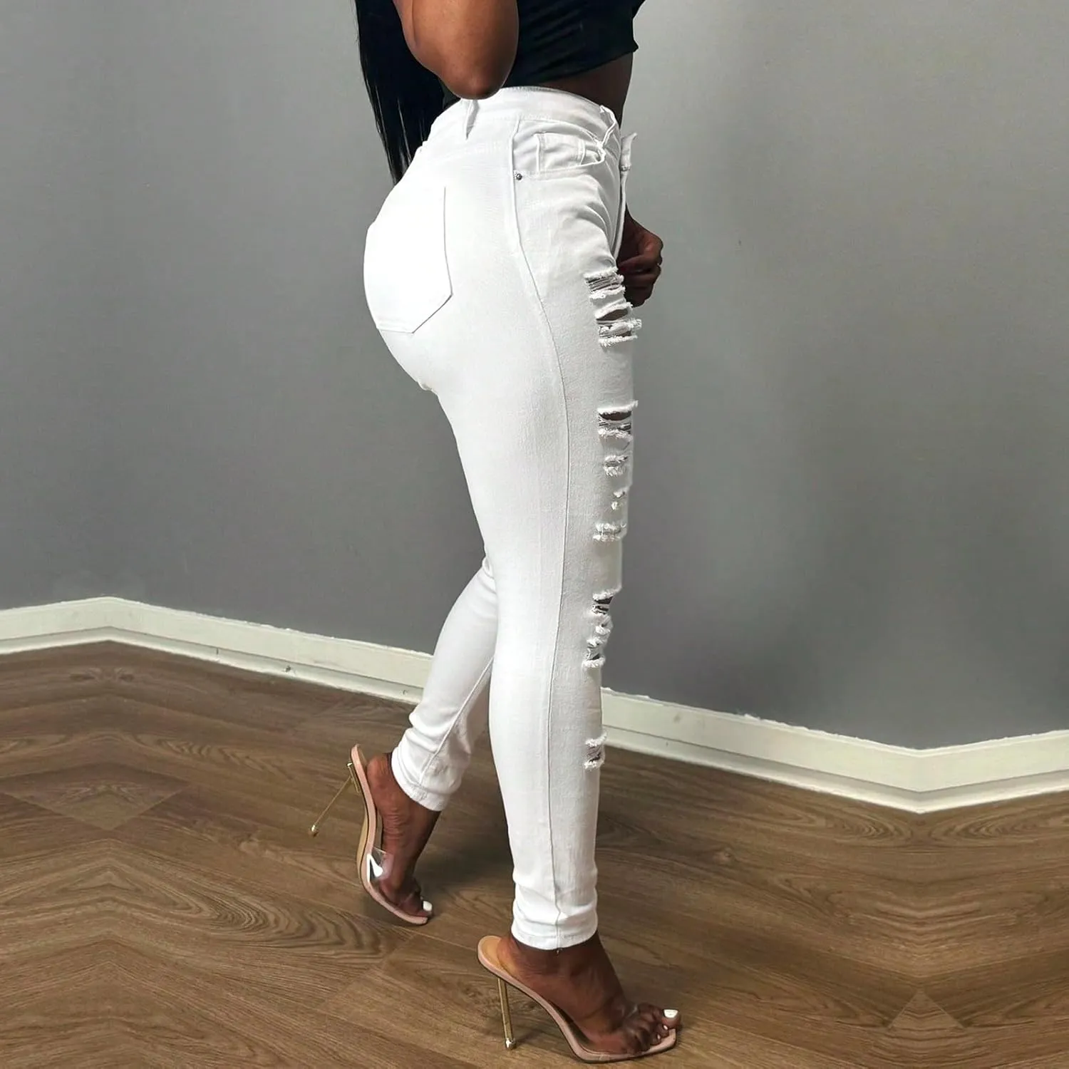 Ripped Jeans Womens Skinny Summer Sexy Plus Size Skinny Stretchy High Waisted Denim Casual Cropped Jeans with Pockets