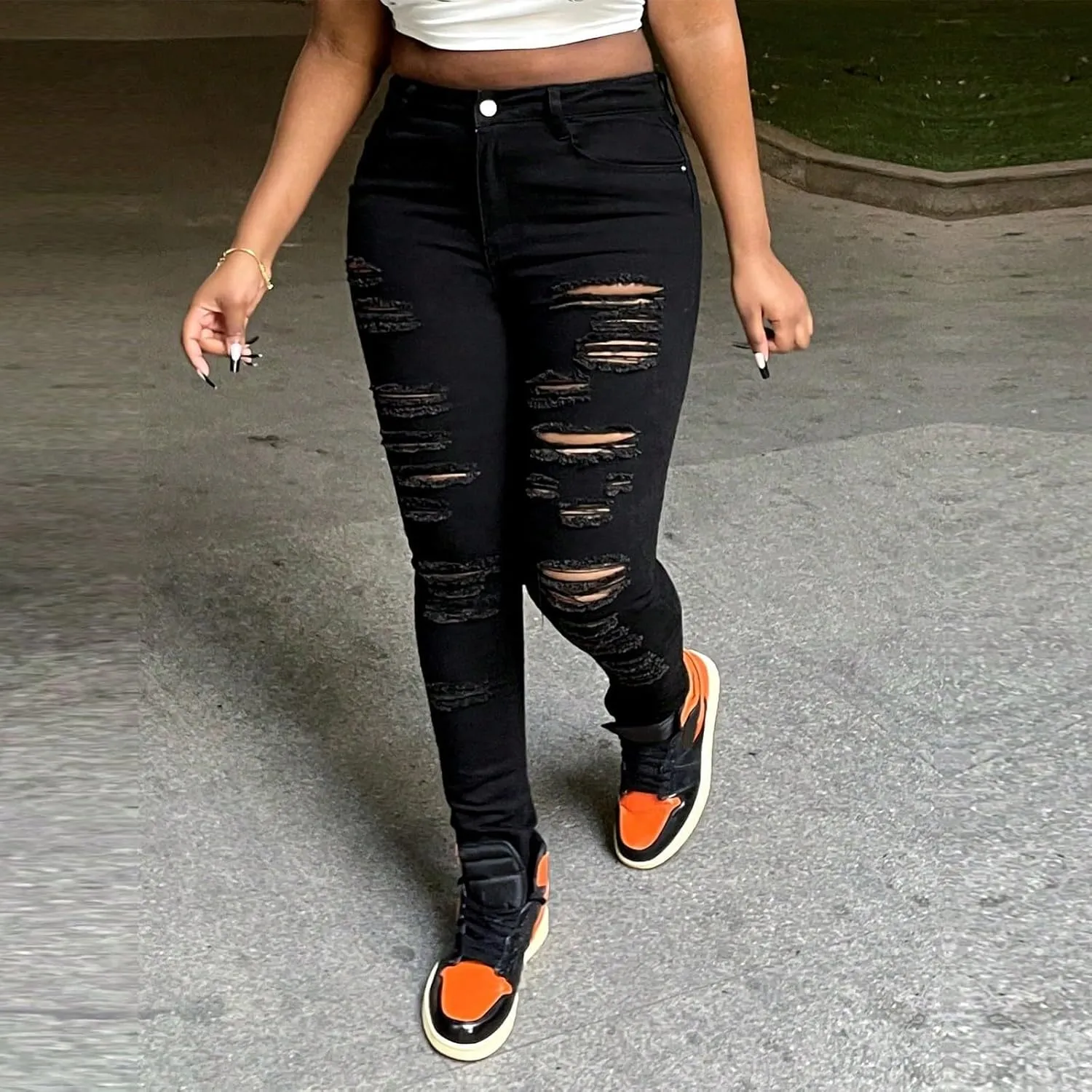 Ripped Jeans Womens Skinny Summer Sexy Plus Size Skinny Stretchy High Waisted Denim Casual Cropped Jeans with Pockets
