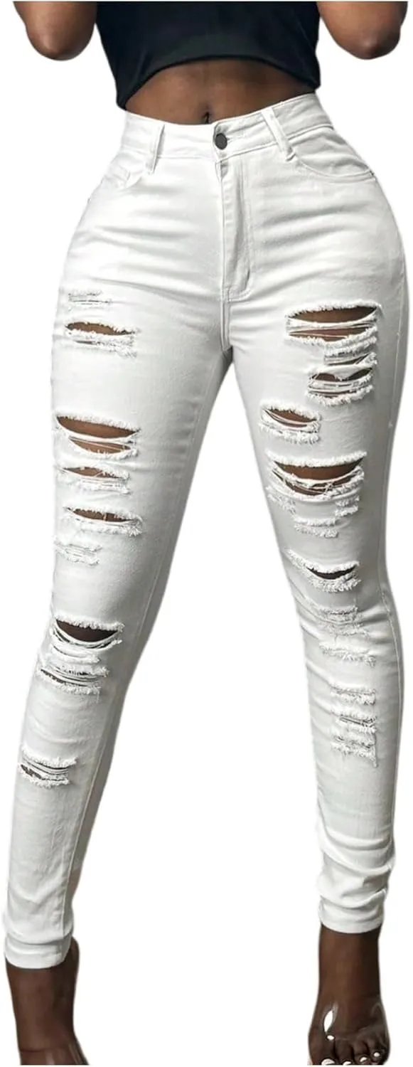 Ripped Jeans Womens Skinny Summer Sexy Plus Size Skinny Stretchy High Waisted Denim Casual Cropped Jeans with Pockets