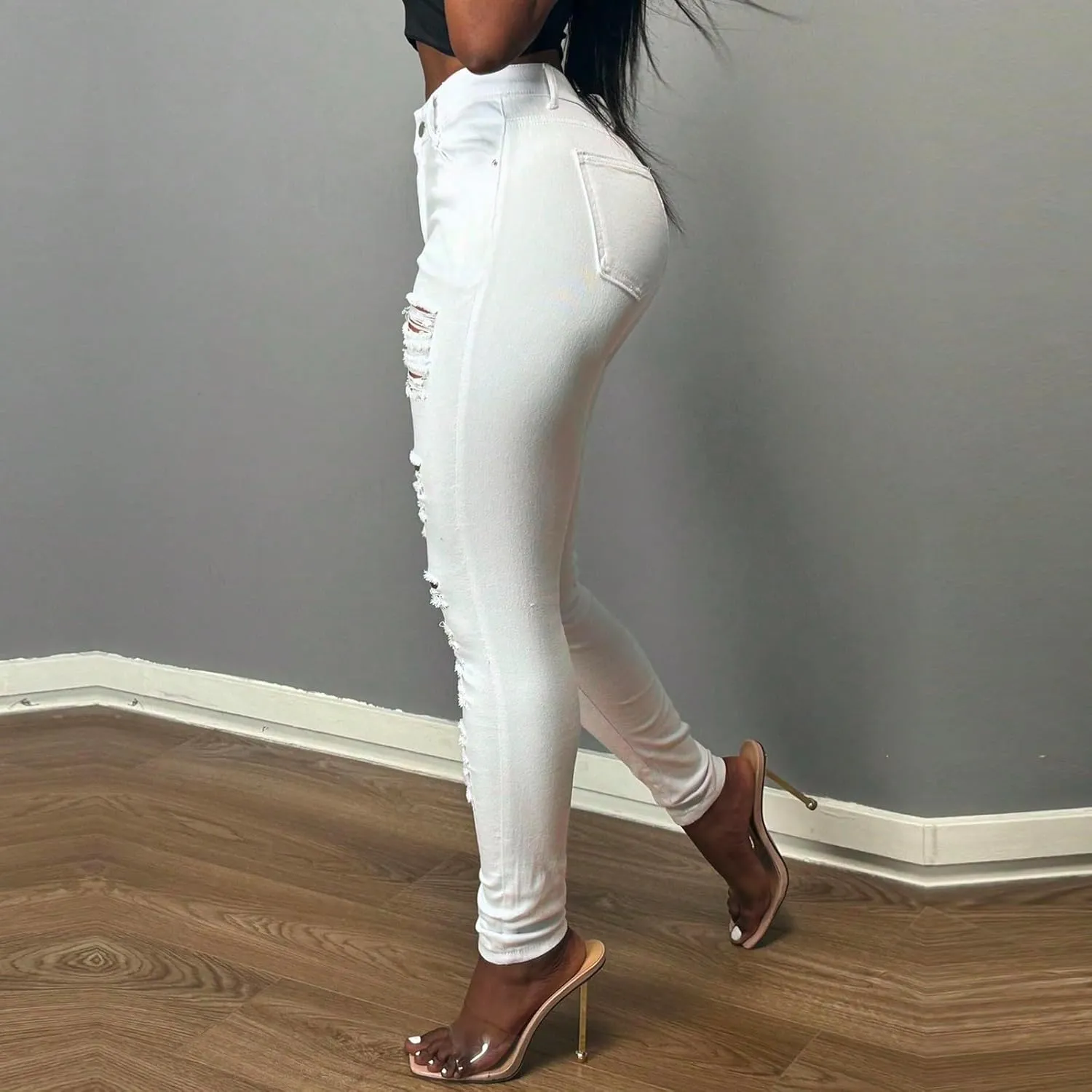 Ripped Jeans Womens Skinny Summer Sexy Plus Size Skinny Stretchy High Waisted Denim Casual Cropped Jeans with Pockets