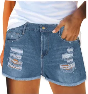 Rvidbe Denim Shorts for Women Teen Girls Casual Summer Comfy High Rise Stretchy Ripped Distressed Jean Shorts with Pockets Denim Shorts for Women High Waisted Jean Shorts for Women Plus Size