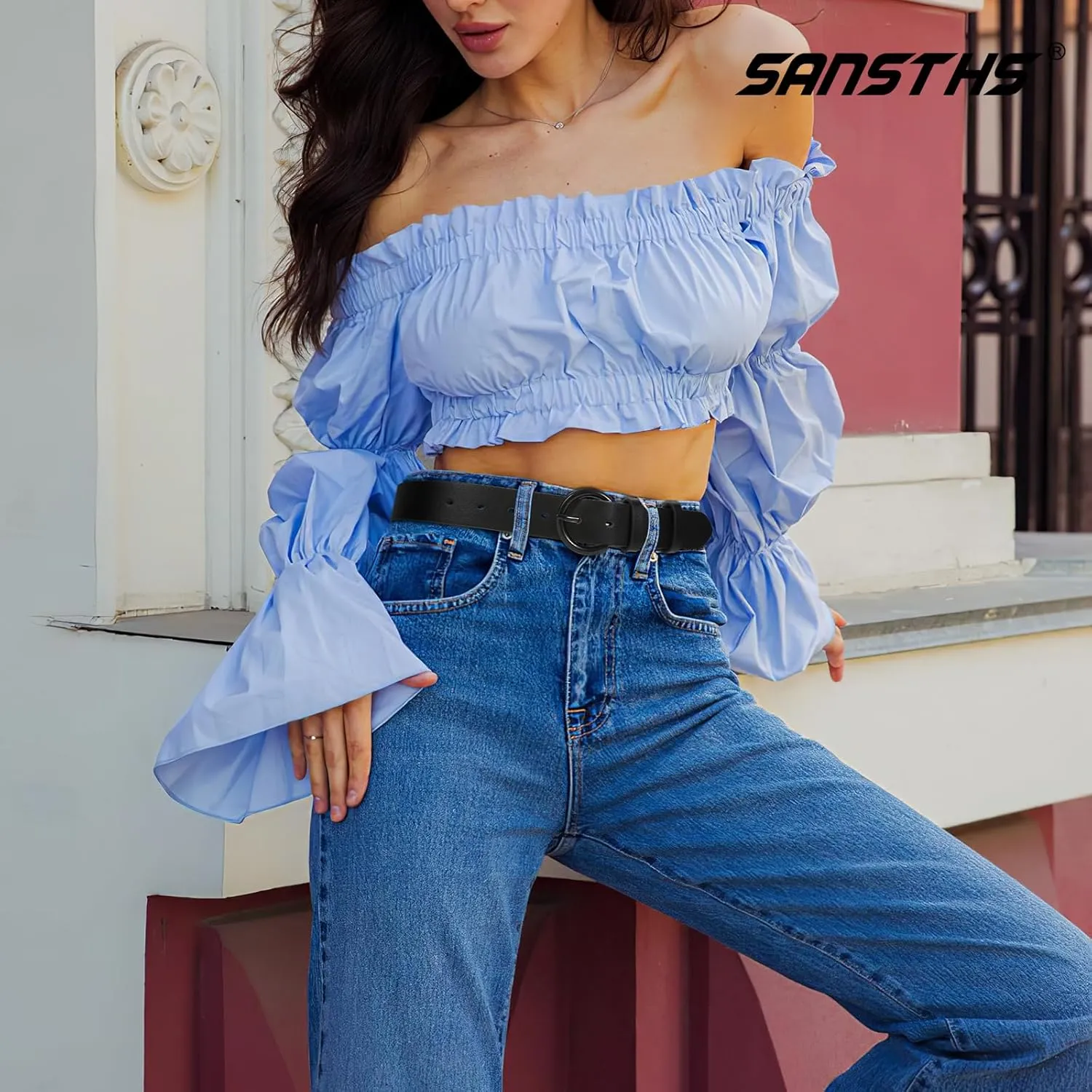 SANSTHS Women Black Casual Leather Belt with Gold Buckle Ladies Dress Belt for Jeans Pants