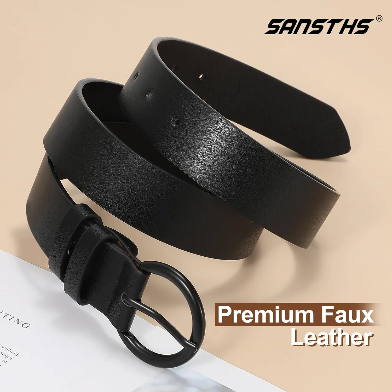 SANSTHS Women Black Casual Leather Belt with Gold Buckle Ladies Dress Belt for Jeans Pants