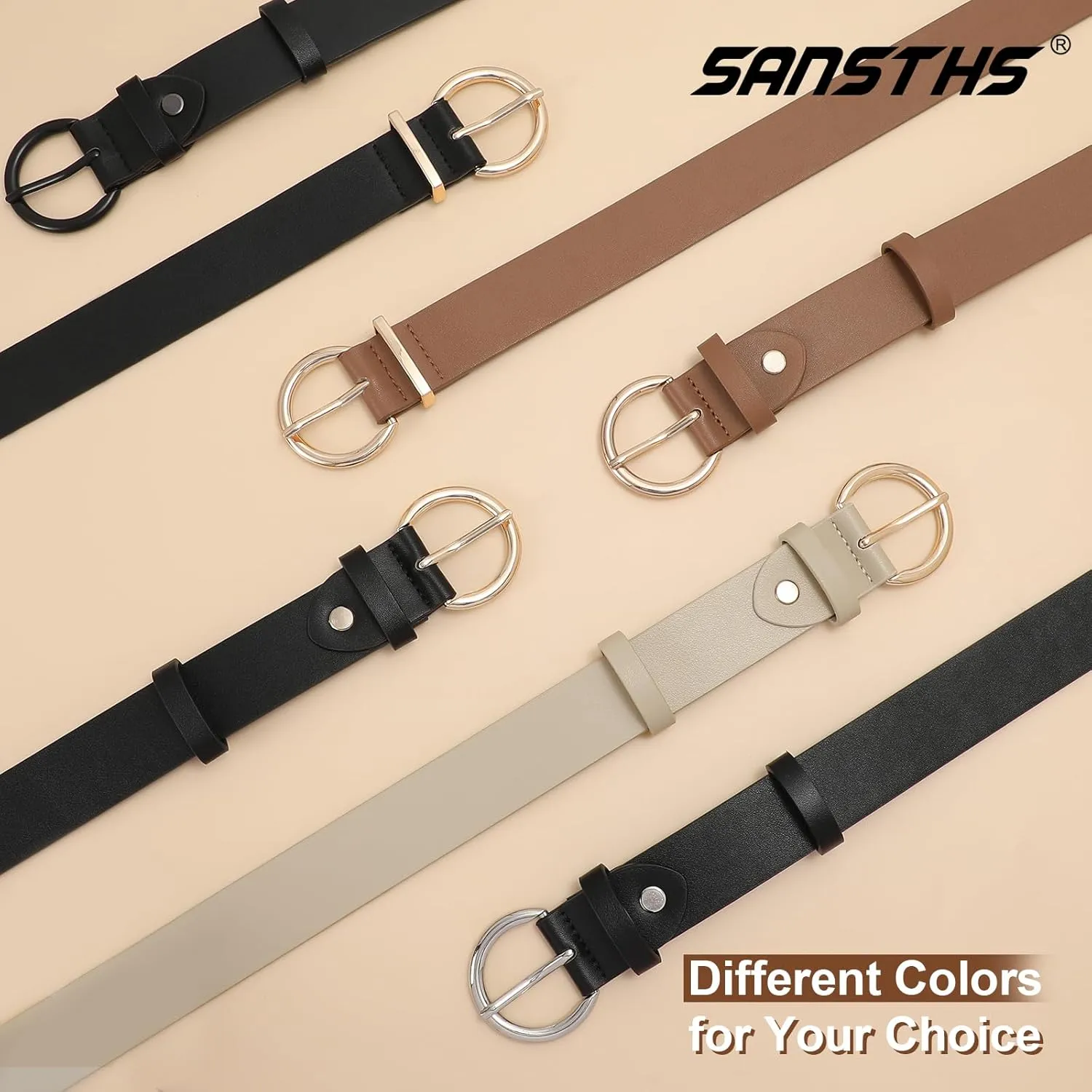 SANSTHS Women Black Casual Leather Belt with Gold Buckle Ladies Dress Belt for Jeans Pants