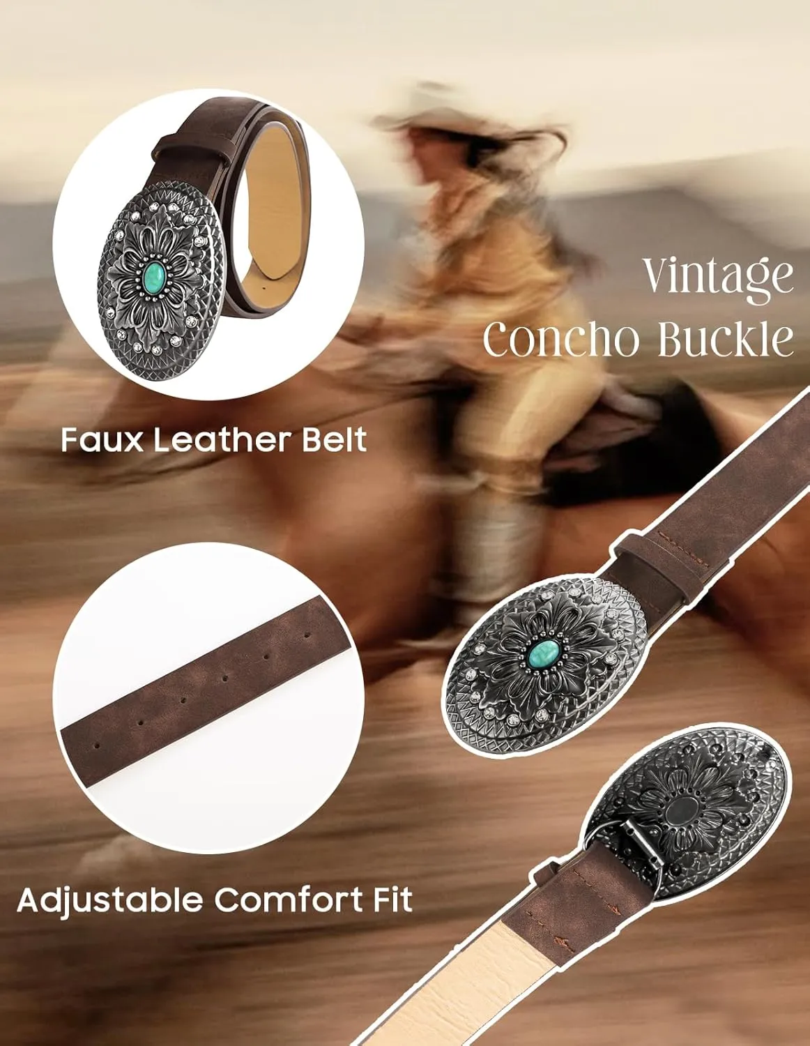 Scarlet Darkness Western Leather Belts for Woman Cowboy Cowgirl Country Belt Concho Belt With Turquoise Buckle