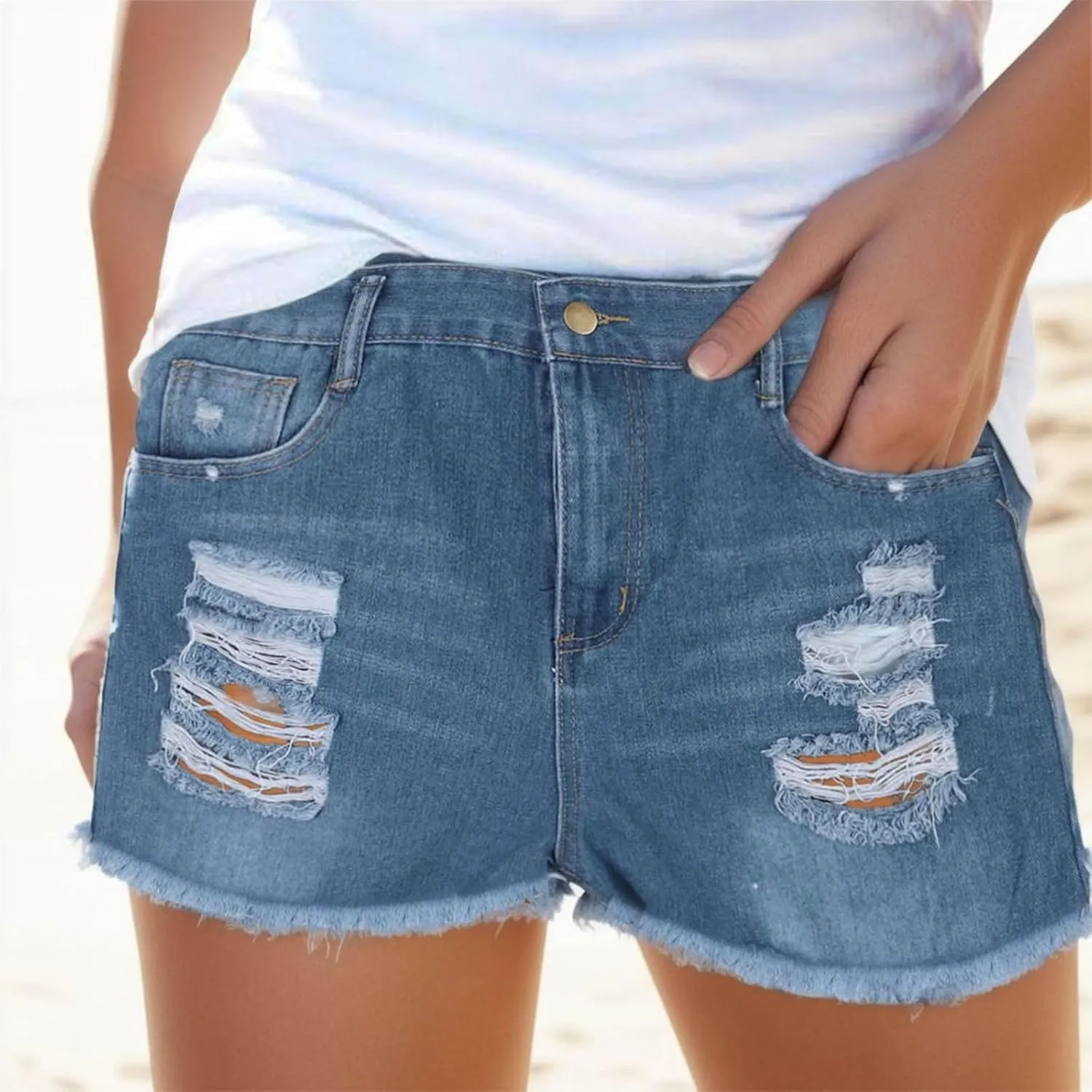Senyentiewomens High Waisted Jean Shorts for Women Denim Frayed Raw Hem Distressed Denim Short Pull On Hot Shorts Causal