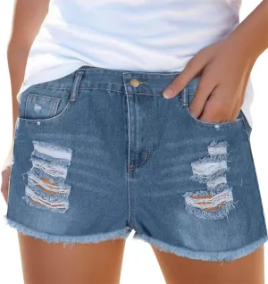 Senyentiewomens High Waisted Jean Shorts for Women Denim Frayed Raw Hem Distressed Denim Short Pull On Hot Shorts Causal