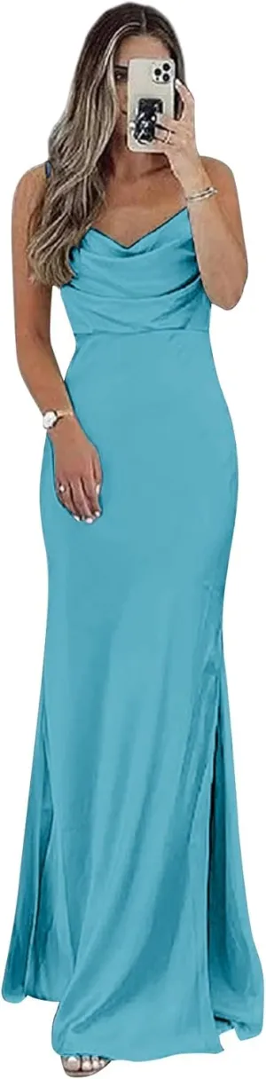 Sevintage Satin Slip Bridesmaid Dresses for Women Spaghetti Strap Long Fitted Prom Formal Evening Gown Slit