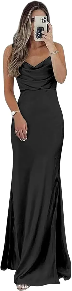 Sevintage Satin Slip Bridesmaid Dresses for Women Spaghetti Strap Long Fitted Prom Formal Evening Gown Slit