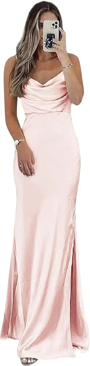 Sevintage Satin Slip Bridesmaid Dresses for Women Spaghetti Strap Long Fitted Prom Formal Evening Gown Slit