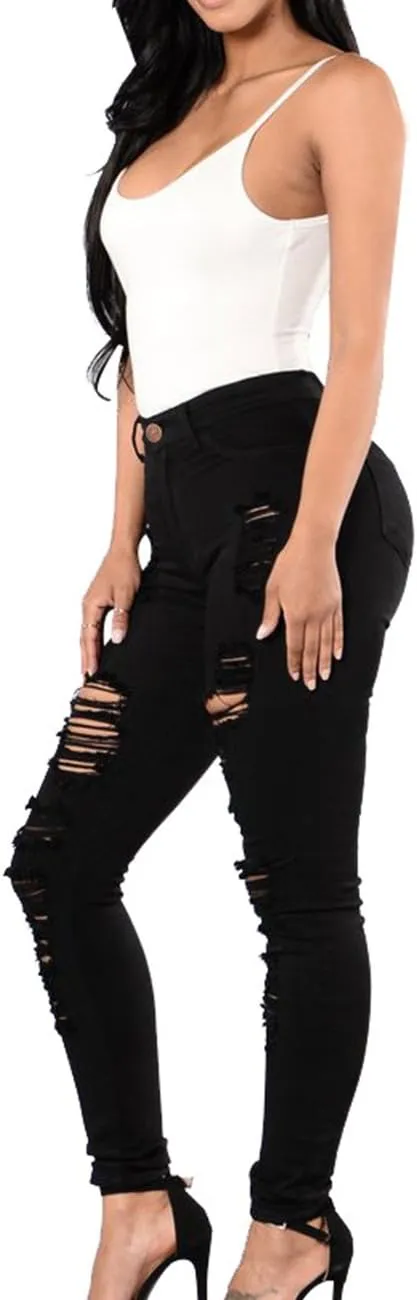 Sexyshine Women's High Waisted Skinny Destroyed Ripped Hole Denim Pants Long Stretch Pencil Jeans