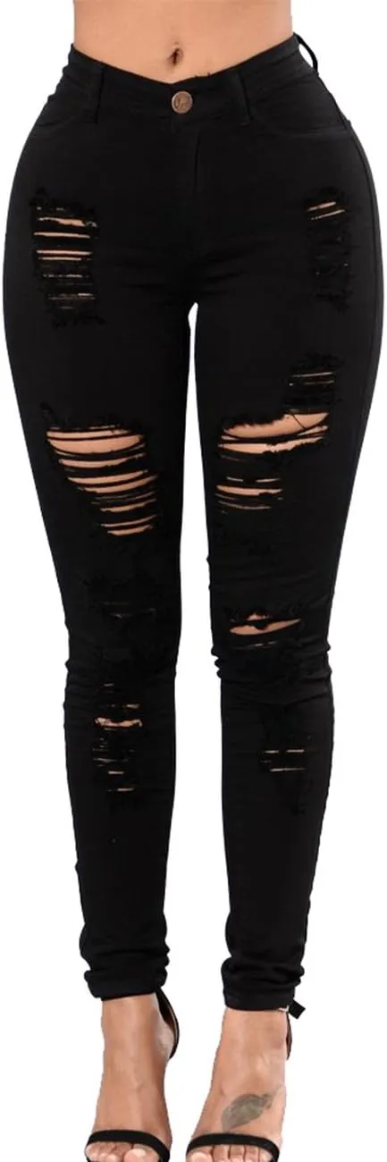 Sexyshine Women's High Waisted Skinny Destroyed Ripped Hole Denim Pants Long Stretch Pencil Jeans