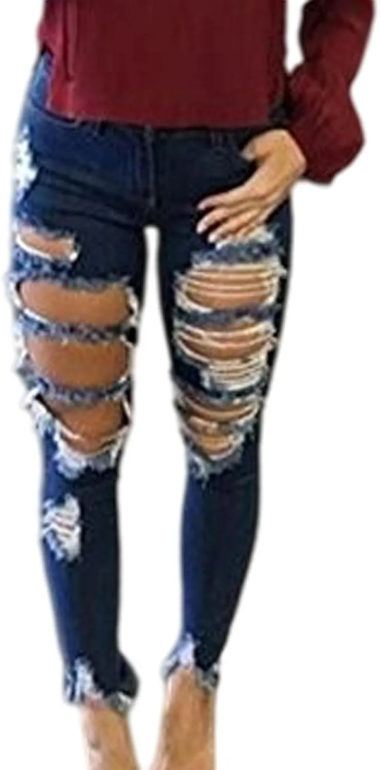 Sexyshine Women's High Waisted Skinny Destroyed Ripped Hole Denim Pants Long Stretch Pencil Jeans