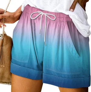 Shorts for Women Summer Linen Shorts Elastic Waist Shorts Casual Beach Shorts Wide Leg Shorts with Pockets