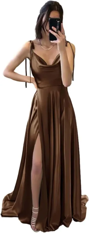 Spaghetti Straps Satin Prom Dresses High Slit Long A Line Bridesmaid Dresses for Women