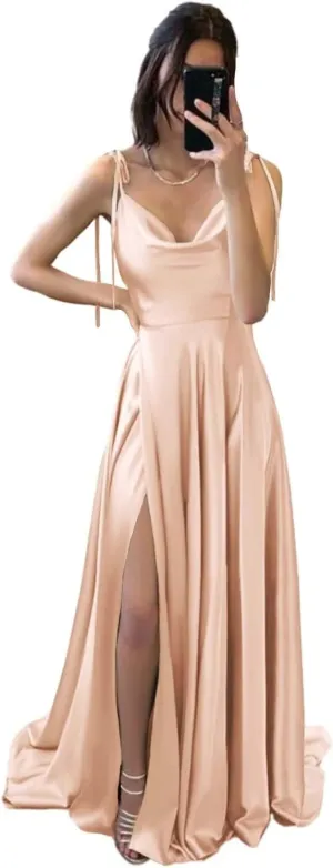 Spaghetti Straps Satin Prom Dresses High Slit Long A Line Bridesmaid Dresses for Women