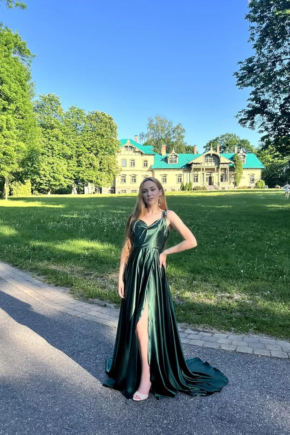 Spaghetti Straps Satin Prom Dresses High Slit Long A Line Bridesmaid Dresses for Women