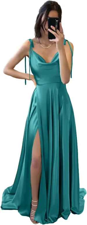 Spaghetti Straps Satin Prom Dresses High Slit Long A Line Bridesmaid Dresses for Women