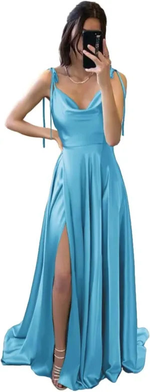 Spaghetti Straps Satin Prom Dresses High Slit Long A Line Bridesmaid Dresses for Women