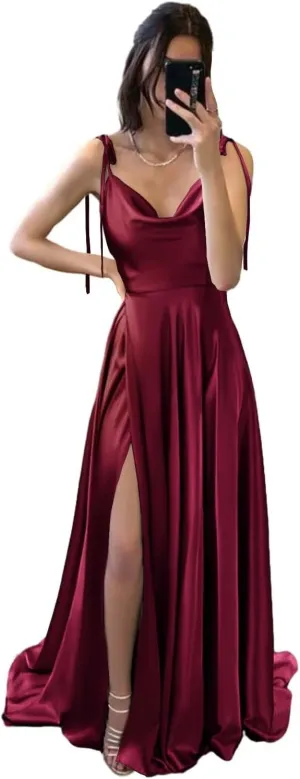 Spaghetti Straps Satin Prom Dresses High Slit Long A Line Bridesmaid Dresses for Women