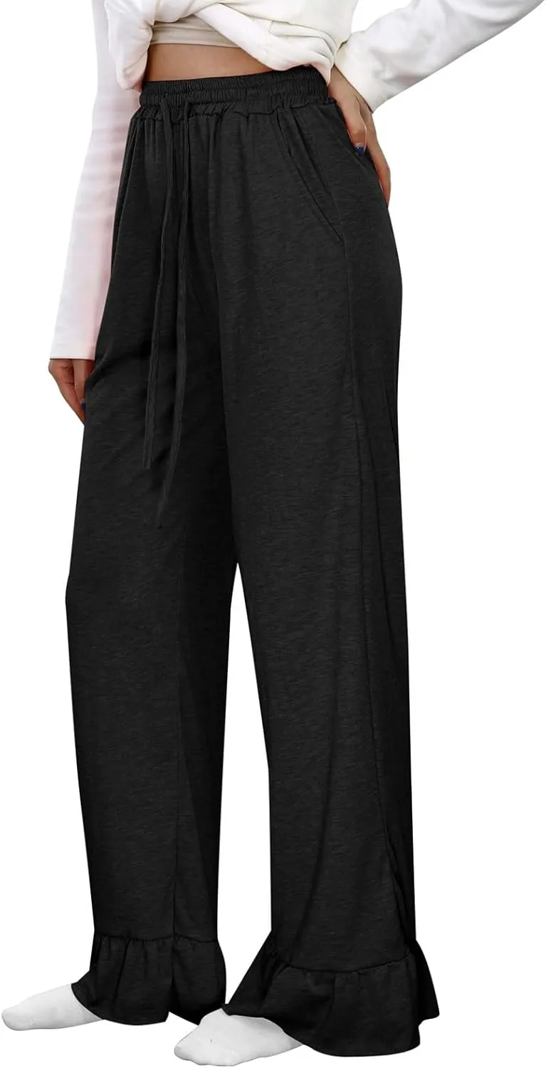 Straight Leg Pants Women Casual Mid Waist Outfits Trousers with Pockets Casual Elastic Drawstring Wide Leg Pants