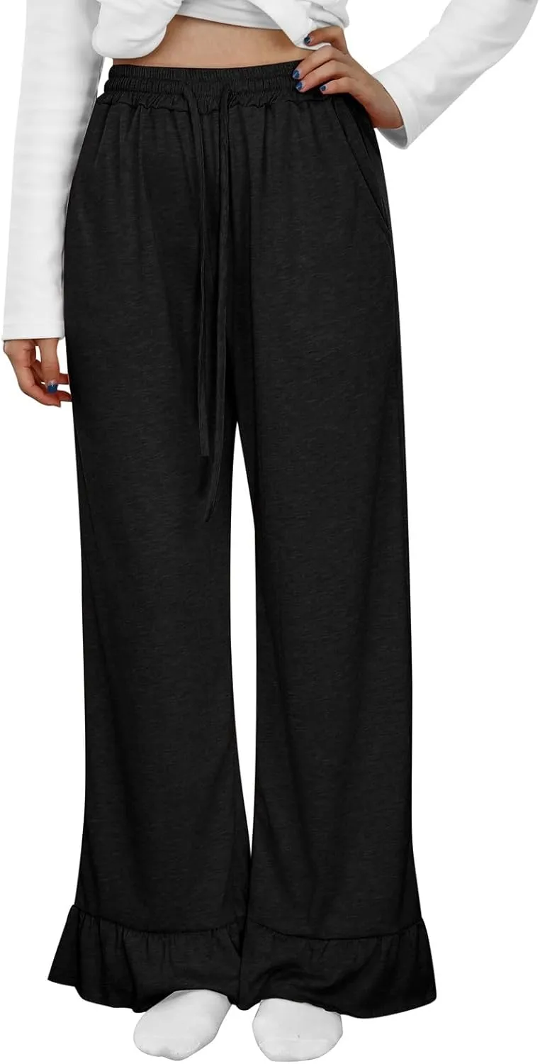 Straight Leg Pants Women Casual Mid Waist Outfits Trousers with Pockets Casual Elastic Drawstring Wide Leg Pants