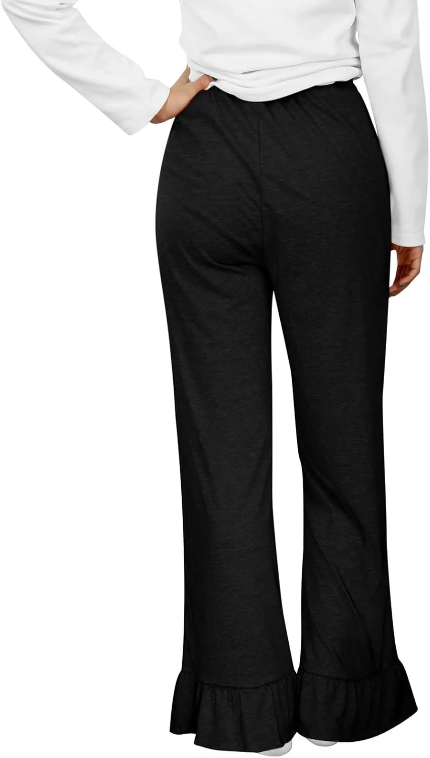 Straight Leg Pants Women Casual Mid Waist Outfits Trousers with Pockets Casual Elastic Drawstring Wide Leg Pants