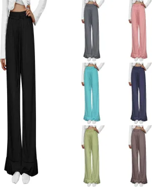 Straight Leg Pants Women Casual Mid Waist Outfits Trousers with Pockets Casual Elastic Drawstring Wide Leg Pants
