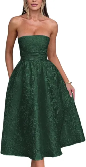 Strapless Jacquard Prom Dresses with Pockets A-Line Midi Cocktail Party Dress