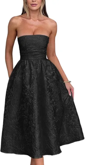 Strapless Jacquard Prom Dresses with Pockets A-Line Midi Cocktail Party Dress