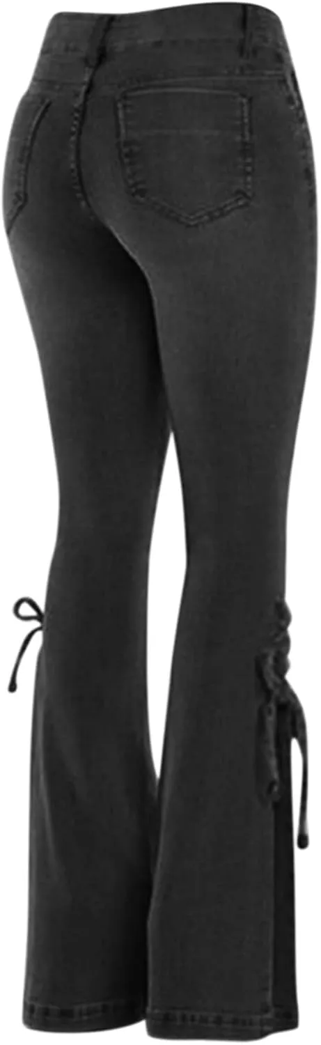 Stretch Lace-Up Pants Denim Jeans Women's Trousers Mid-Waist Flared Pants A Pair of Jeans for Women's