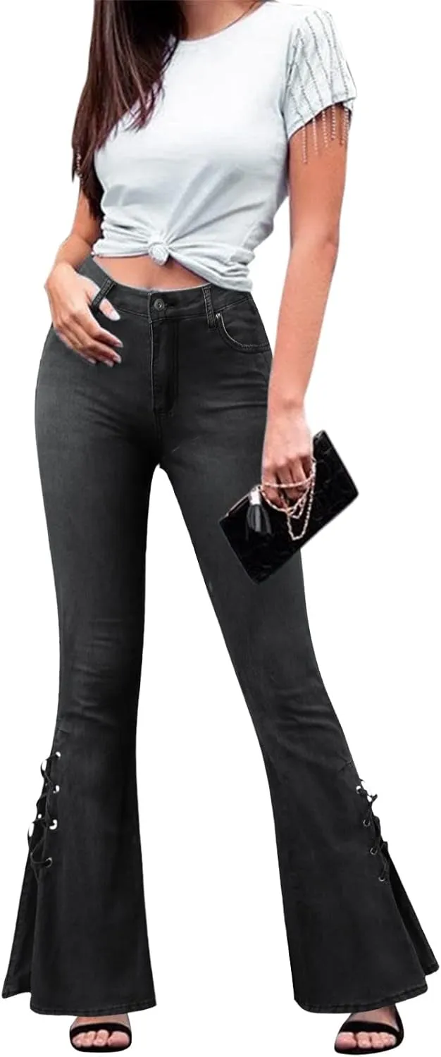 Stretch Lace-Up Pants Denim Jeans Women's Trousers Mid-Waist Flared Pants A Pair of Jeans for Women's