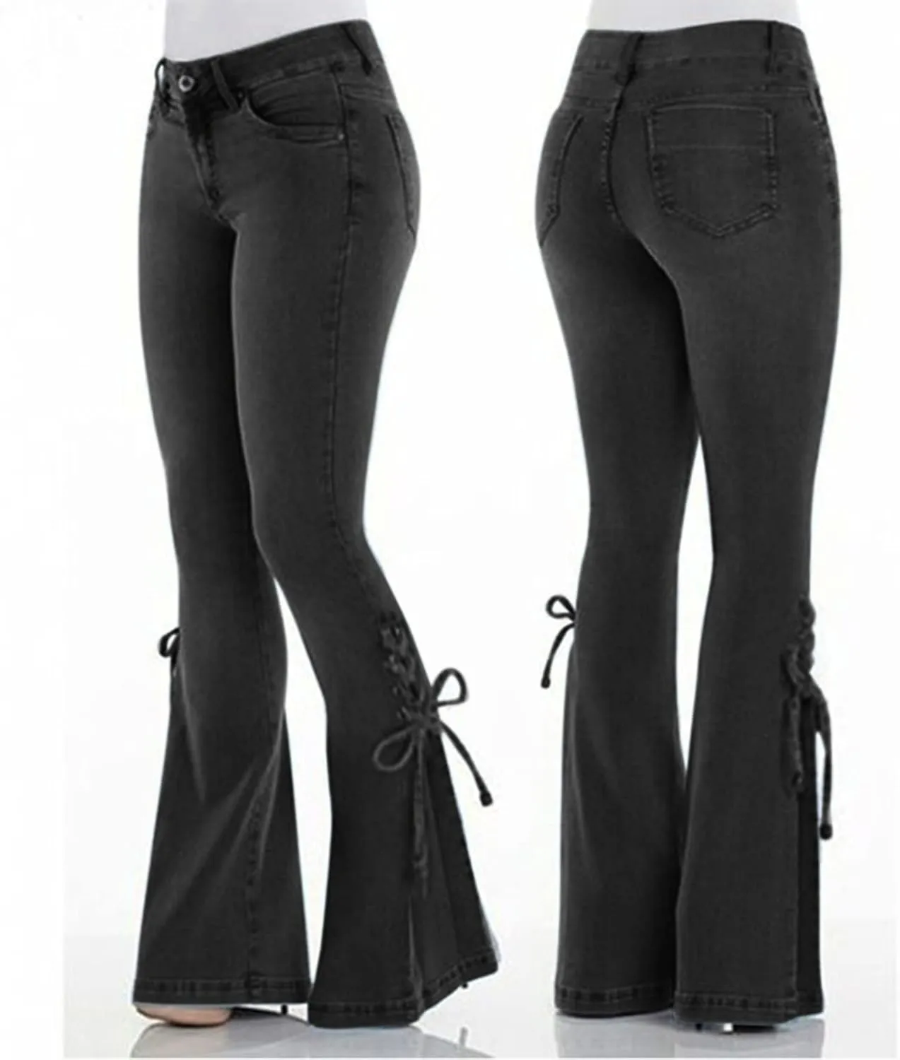 Stretch Lace-Up Pants Denim Jeans Women's Trousers Mid-Waist Flared Pants A Pair of Jeans for Women's
