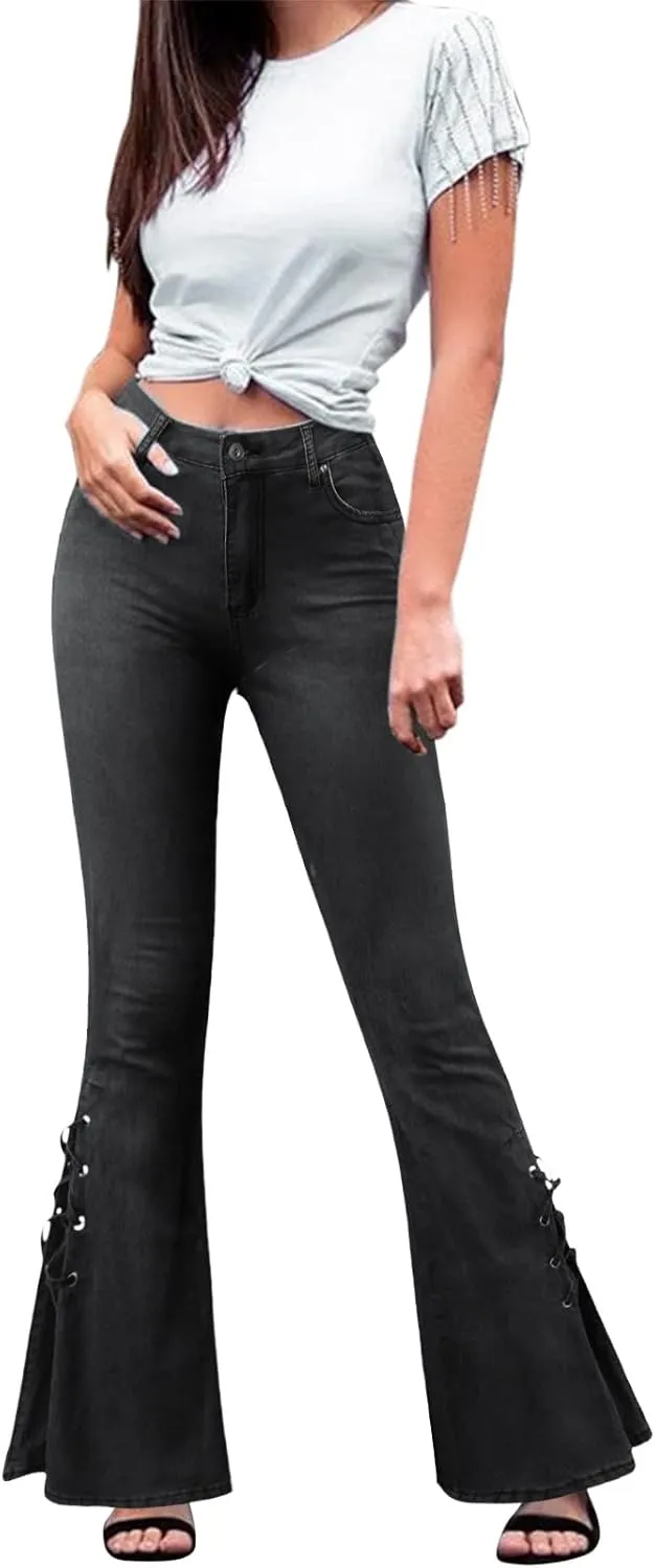 Stretch Lace-Up Pants Denim Jeans Women's Trousers Mid-Waist Flared Pants A Pair of Jeans for Women's