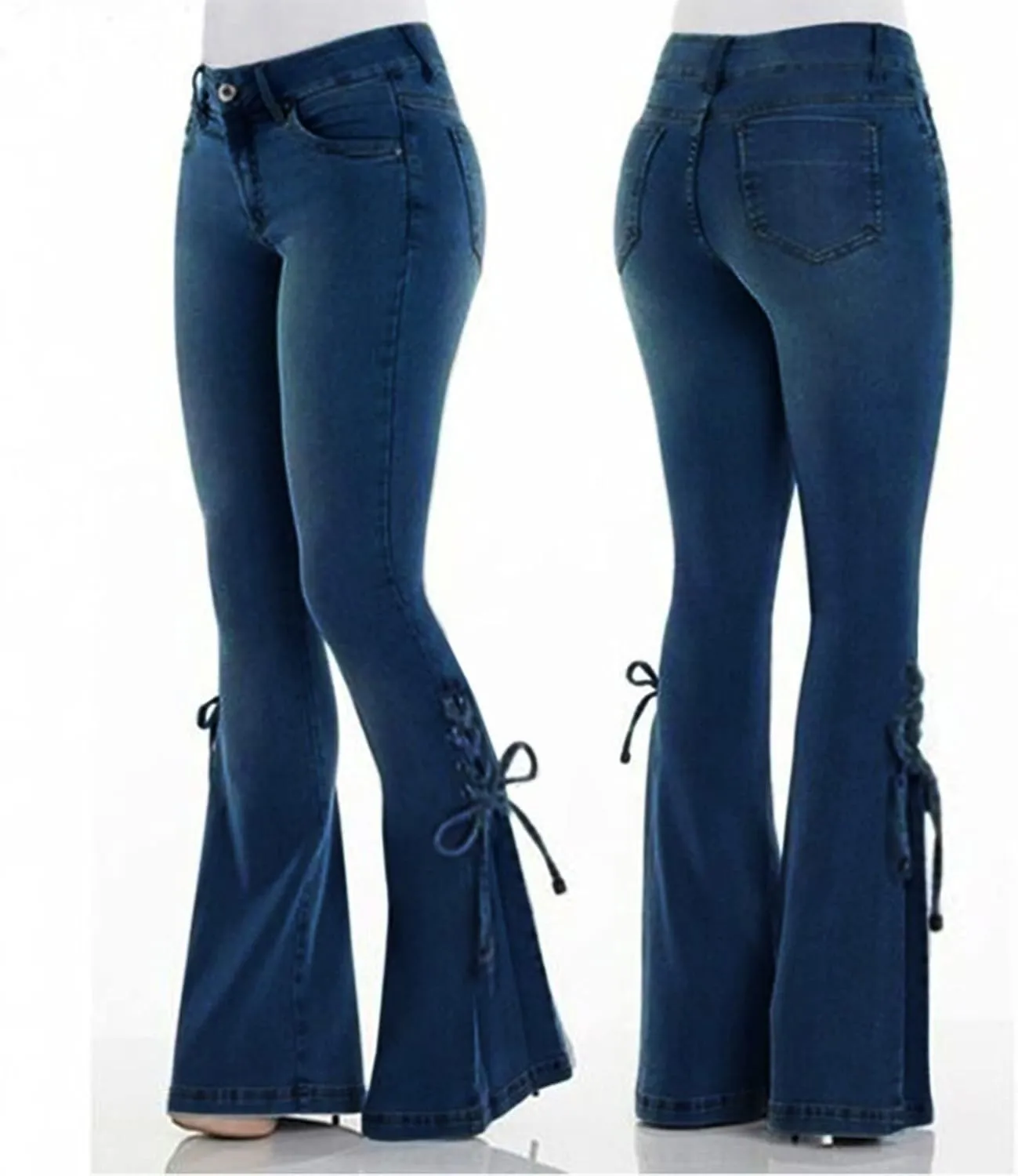 Stretch Lace-Up Pants Denim Jeans Women's Trousers Mid-Waist Flared Pants A Pair of Jeans for Women's