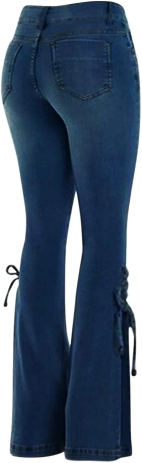 Stretch Lace-Up Pants Denim Jeans Women's Trousers Mid-Waist Flared Pants A Pair of Jeans for Women's