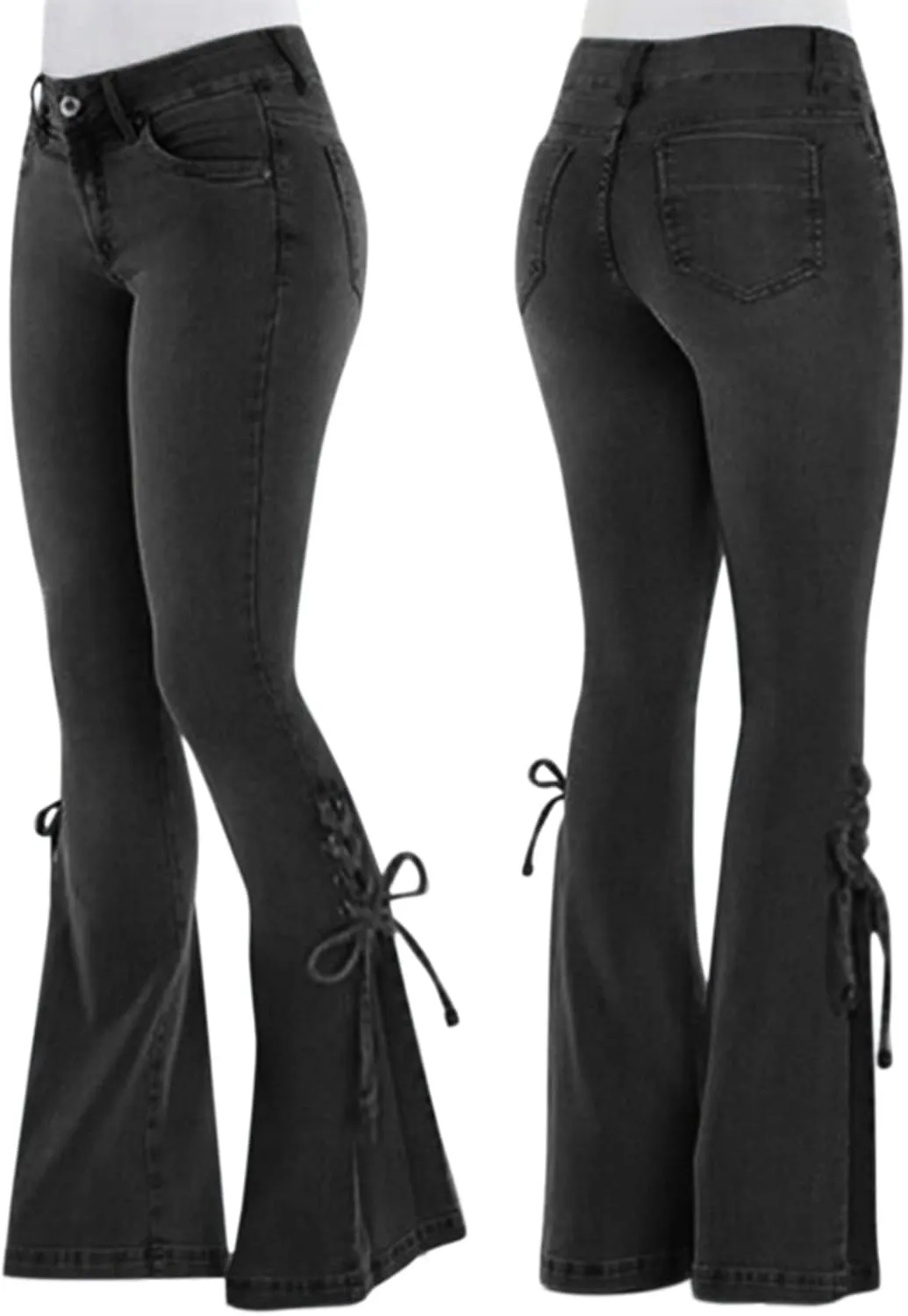Stretch Lace-Up Pants Denim Jeans Women's Trousers Mid-Waist Flared Pants A Pair of Jeans for Women's