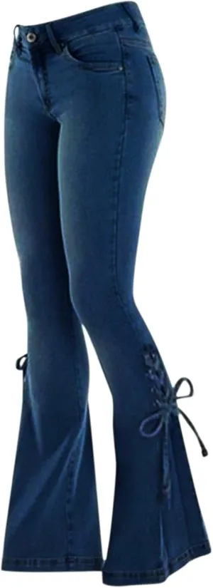 Stretch Lace-Up Pants Denim Jeans Women's Trousers Mid-Waist Flared Pants A Pair of Jeans for Women's