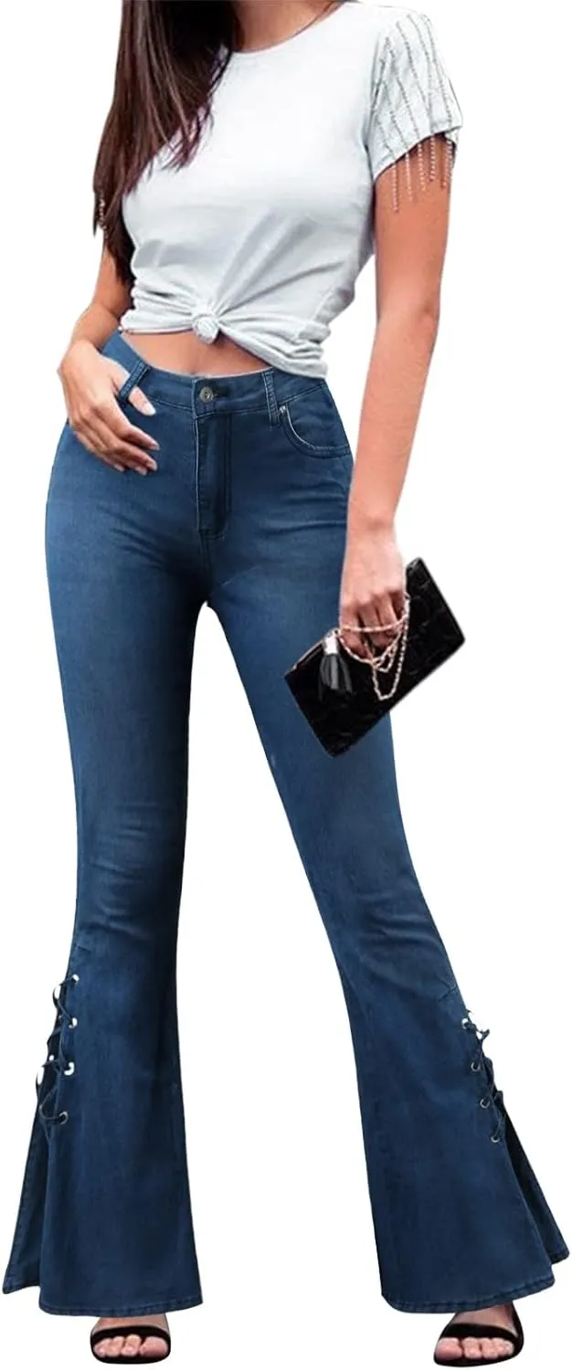 Stretch Lace-Up Pants Denim Jeans Women's Trousers Mid-Waist Flared Pants A Pair of Jeans for Women's