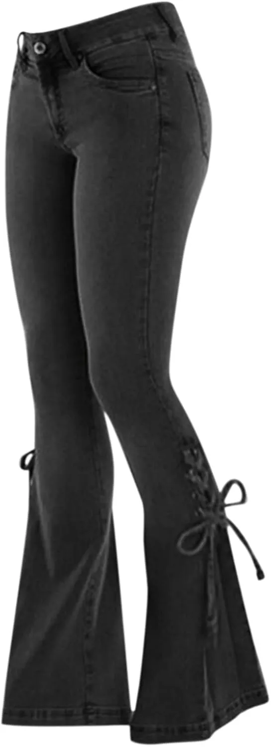 Stretch Lace-Up Pants Denim Jeans Women's Trousers Mid-Waist Flared Pants A Pair of Jeans for Women's