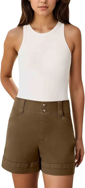 Stretch Twill Shorts Women Elastic High Waisted Denim Shorts Pull On Chino Shorts Summer Bermuda Shorts with Pockets