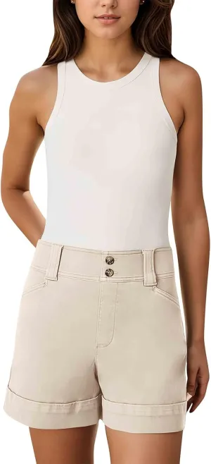 Stretch Twill Shorts Women Elastic High Waisted Denim Shorts Pull On Chino Shorts Summer Bermuda Shorts with Pockets