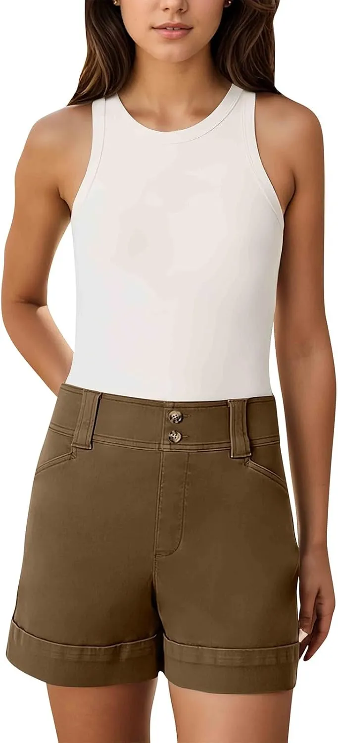 Stretch Twill Shorts Women Elastic High Waisted Denim Shorts Pull On Chino Shorts Summer Bermuda Shorts with Pockets
