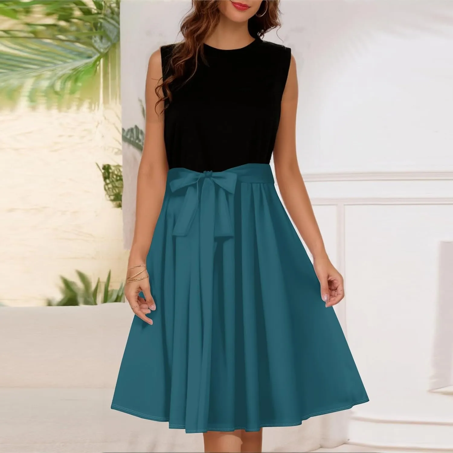 Summer Beach Floral Dresses for Women A line Sleeveless Wide Strap High Waist Midi Tank Dress