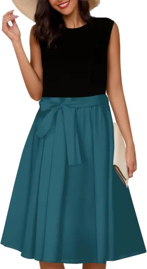 Summer Beach Floral Dresses for Women A line Sleeveless Wide Strap High Waist Midi Tank Dress