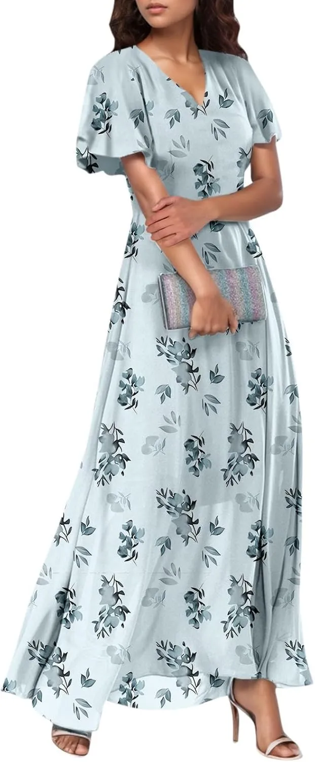 Summer Boho Dresses for Women Empire Waist Long Dress Casual Chiffon Flutter Sleeve Floral Beach Wedding Guest Dresses