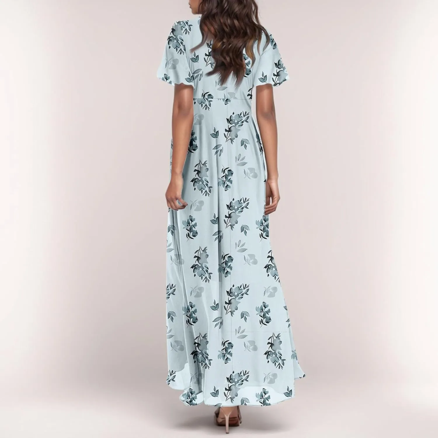 Summer Boho Dresses for Women Empire Waist Long Dress Casual Chiffon Flutter Sleeve Floral Beach Wedding Guest Dresses