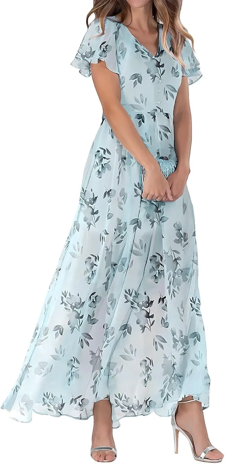 Summer Boho Dresses for Women Empire Waist Long Dress Casual Chiffon Flutter Sleeve Floral Beach Wedding Guest Dresses